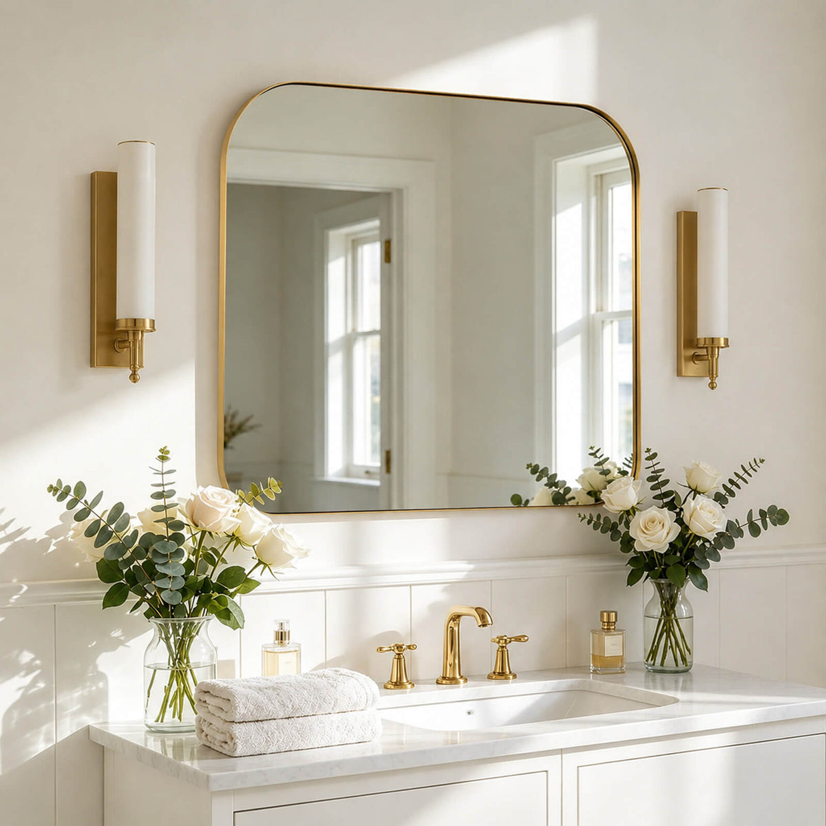 Modern Mantel Wide Arch Rectangle Bathroom Vanity Mirror | Stainless Steel Frame
