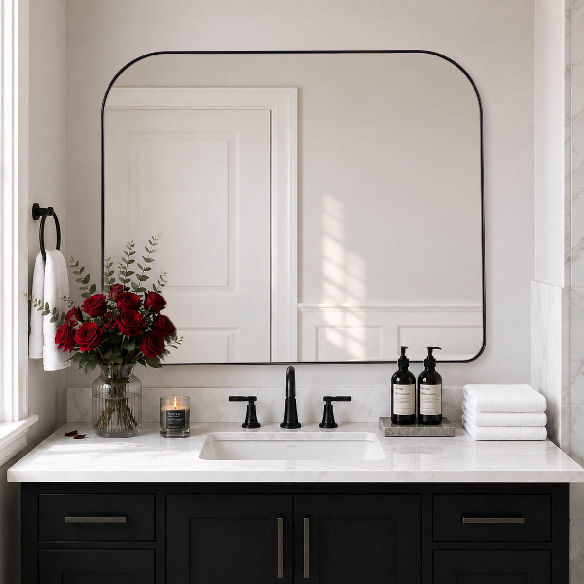 Modern Mantel Wide Arch Rectangle Bathroom Vanity Mirror | Stainless Steel Frame