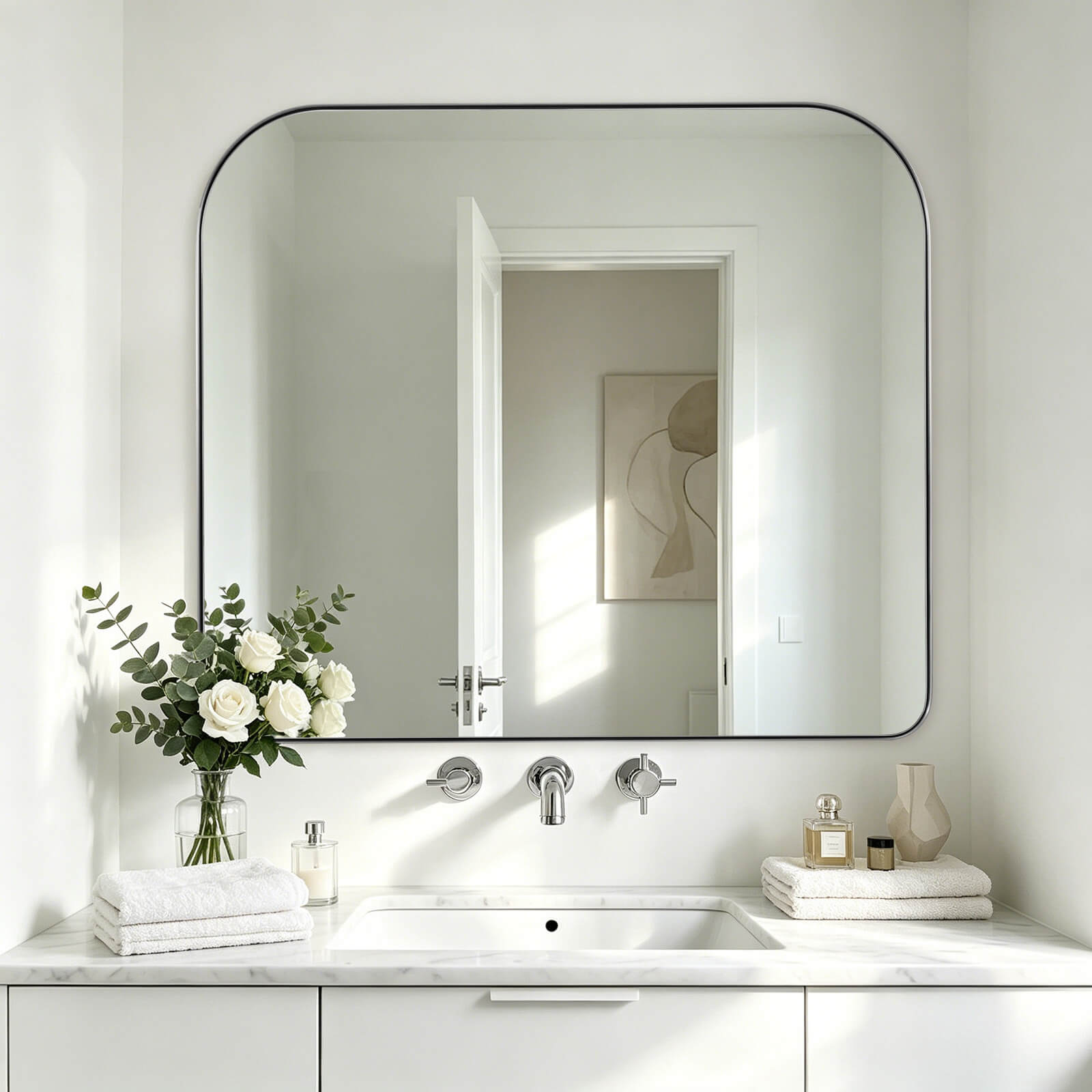 Modern Mantel Wide Arch Rectangle Bathroom Vanity Mirror | Stainless Steel Frame
