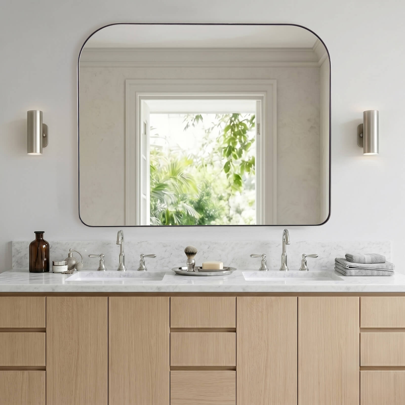 Modern Mantel Wide Arch Rectangle Bathroom Vanity Mirror | Stainless Steel Frame