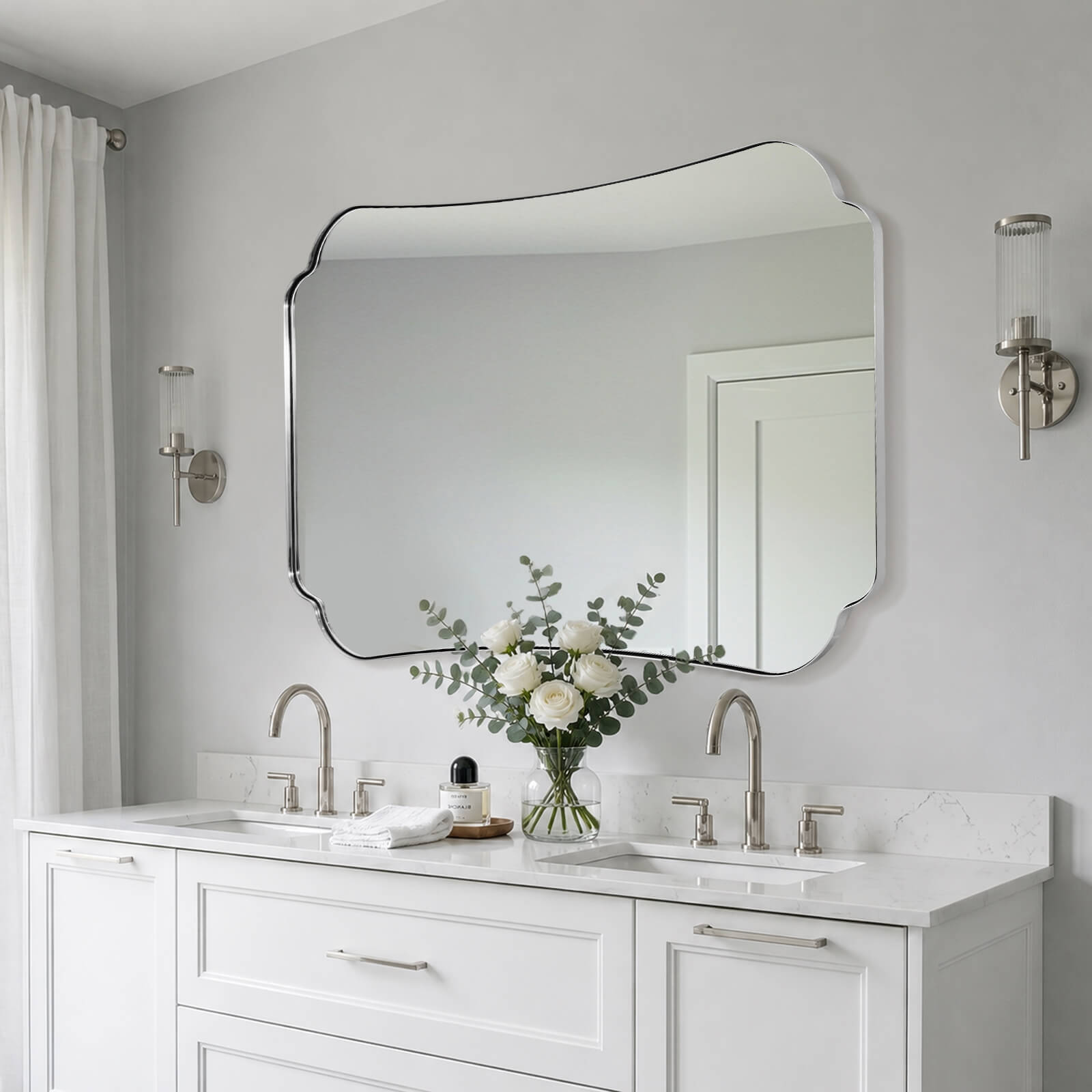 Contemporary Concave Edge Scalloped Bathroom Mirror Decorative | Stainless Steel Frame