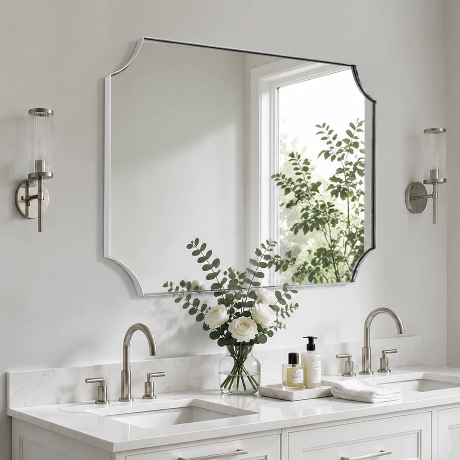 Contemporary Notched Corner Scalloped Rectangle Bathroom Vanity Mirror | Stainless Steel Frame