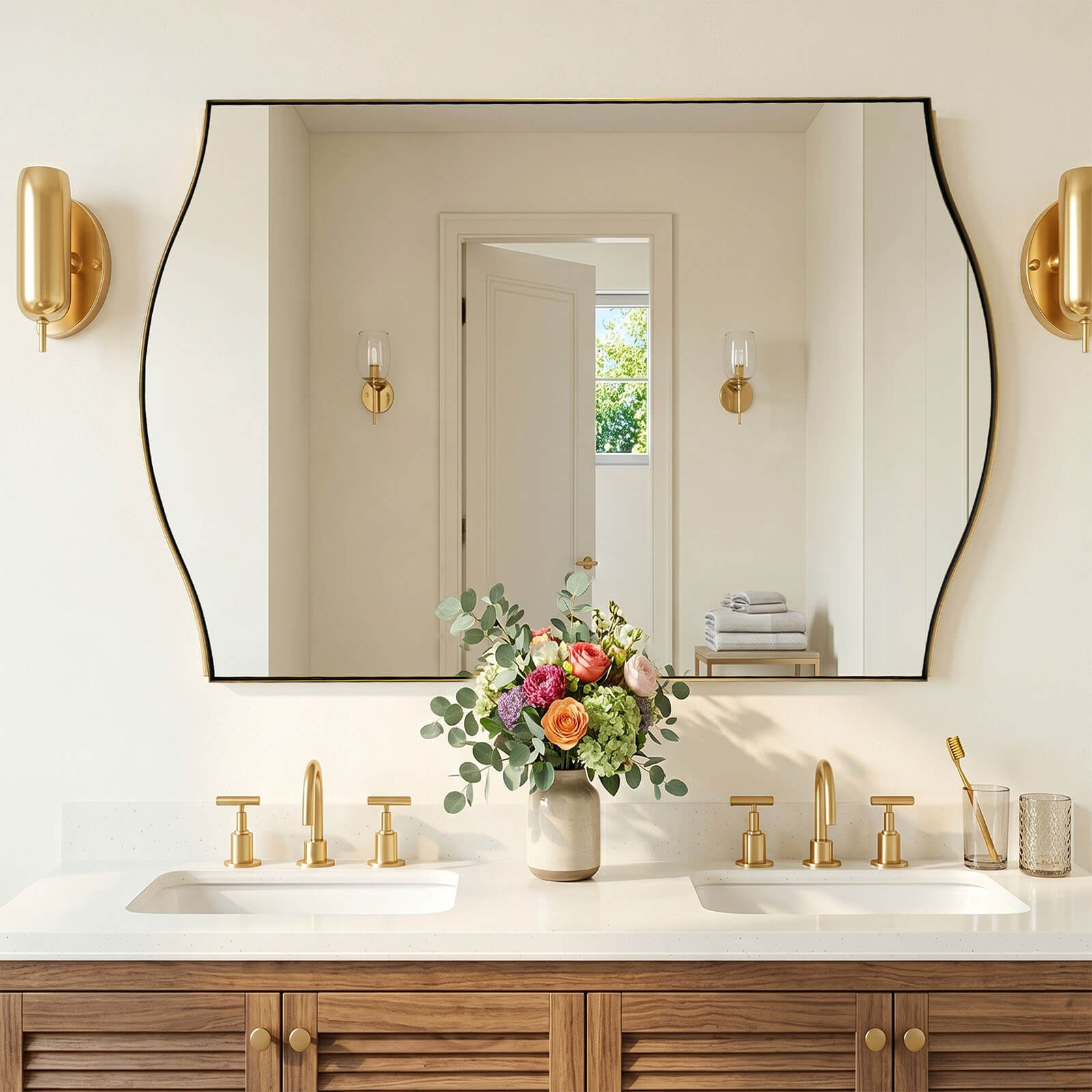Dual Curve Arch Rectangular Scalloped Bathroom Wall Mirror |Stainless Steel Framed