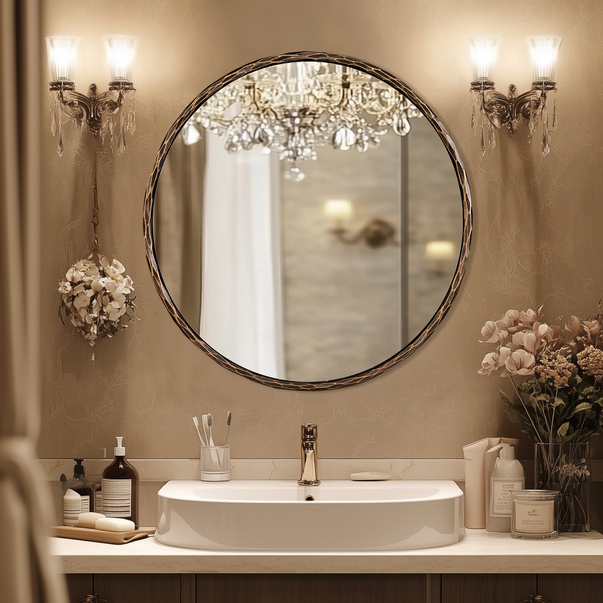 Antique Hand Hammer Forged Iron Mirror Circle Wrought Iron Mirror Round Wall Mirror