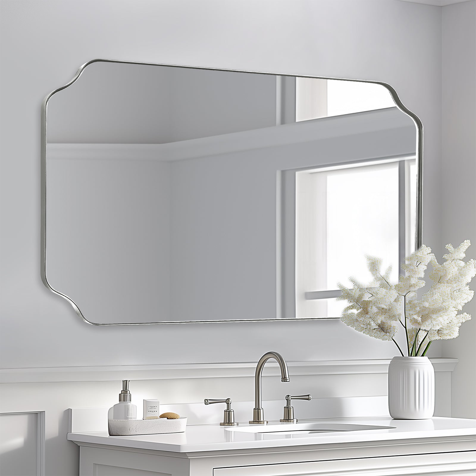Contemporary Notched Corner Rectangle Scalloped Mirror for Wall /Bathroom | Stainless Steel Frame