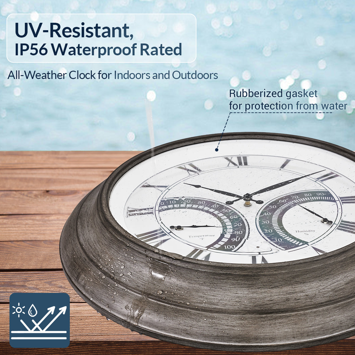 24 Inch Outdoor Wall Clock Large Waterproof Illuminated Clock with Thermometer,Geometric Dial
