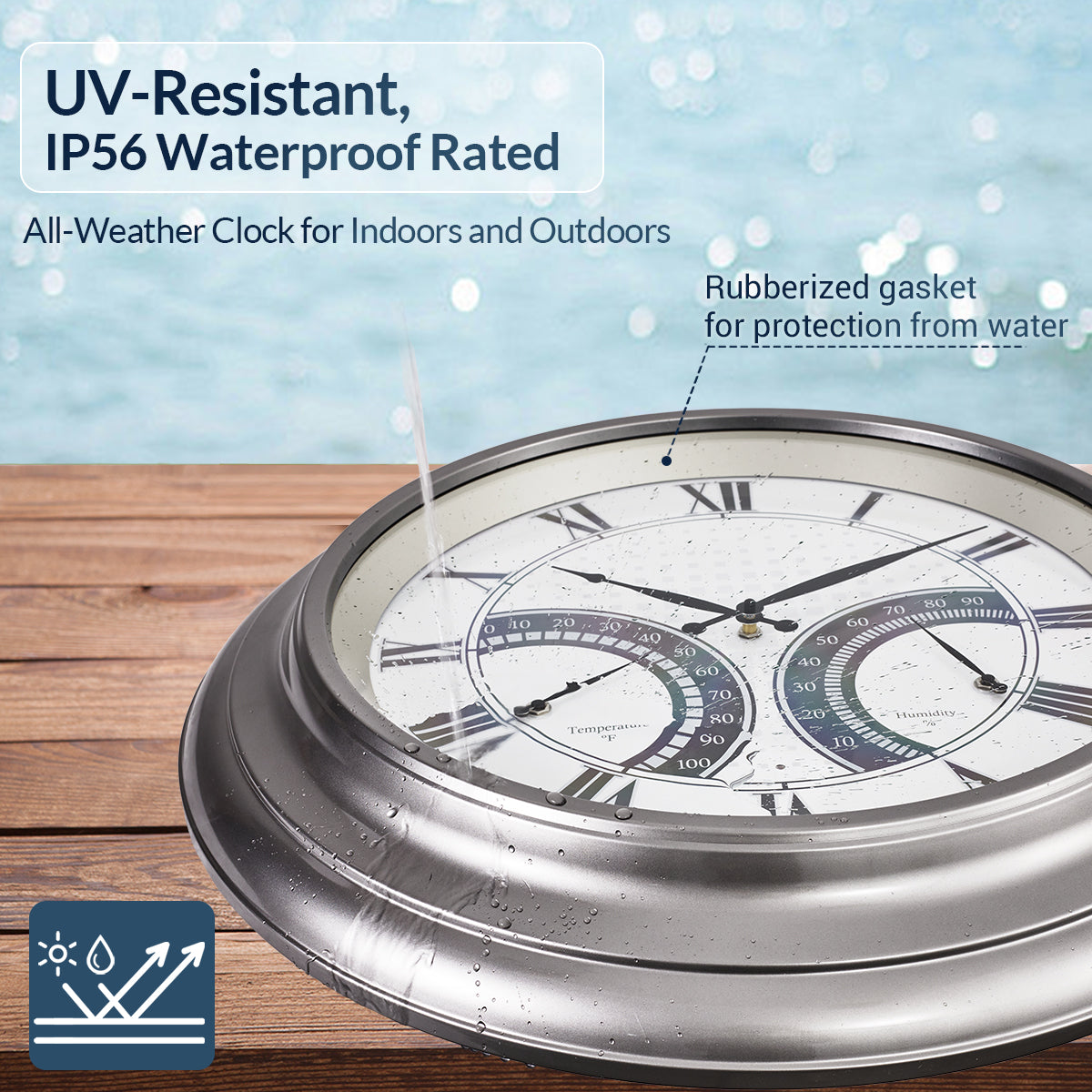 24 Inch Outdoor Wall Clock Large Waterproof Illuminated Clock with Thermometer,Square Grid Dial