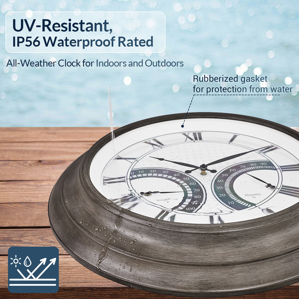 24 Inch Outdoor Wall Clock Large Waterproof Illuminated Clock with Thermometer,Square Grid Dial