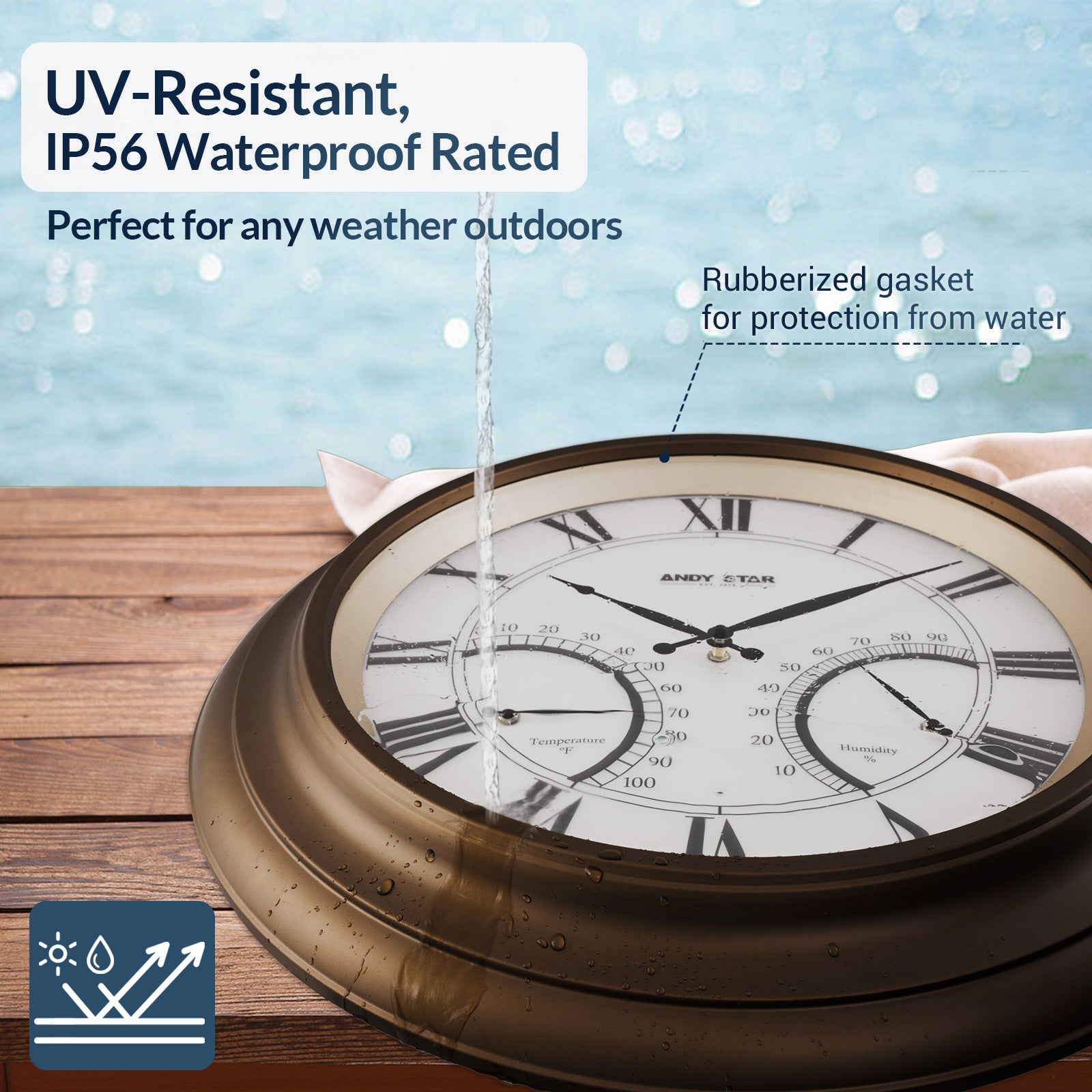 Contemporary Large Outdoor Wall Clock with Thermometer Waterproof Illuminated,24 Inch