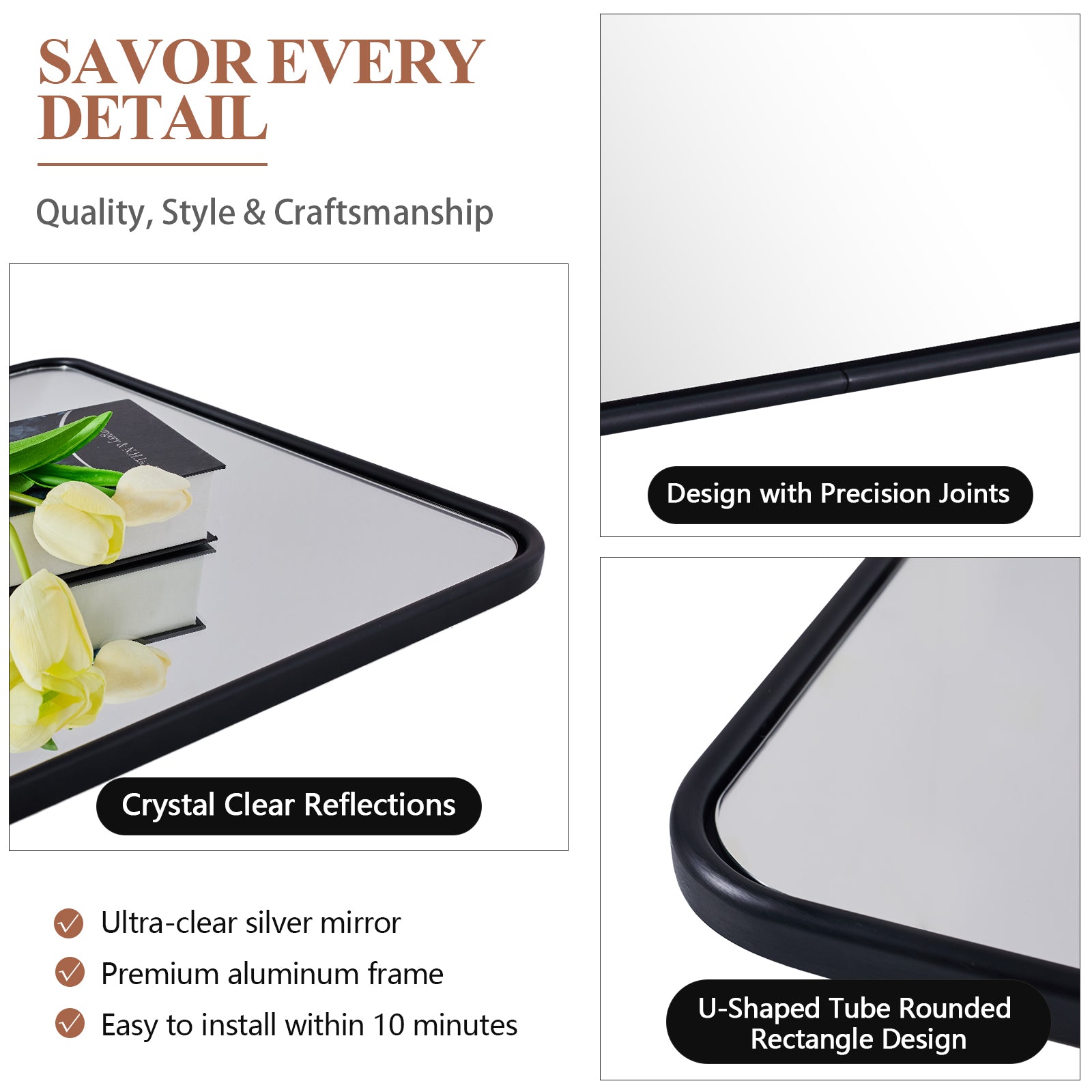 Contemporary Rounded Rectangular Bathroom Wall Mirror| Aluminum U-Tube Framed