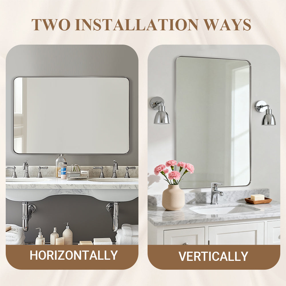 Modern Rounded Rectangle Mirror for Bathroom/ Vanity/ Wall | Stainless Steel Frame