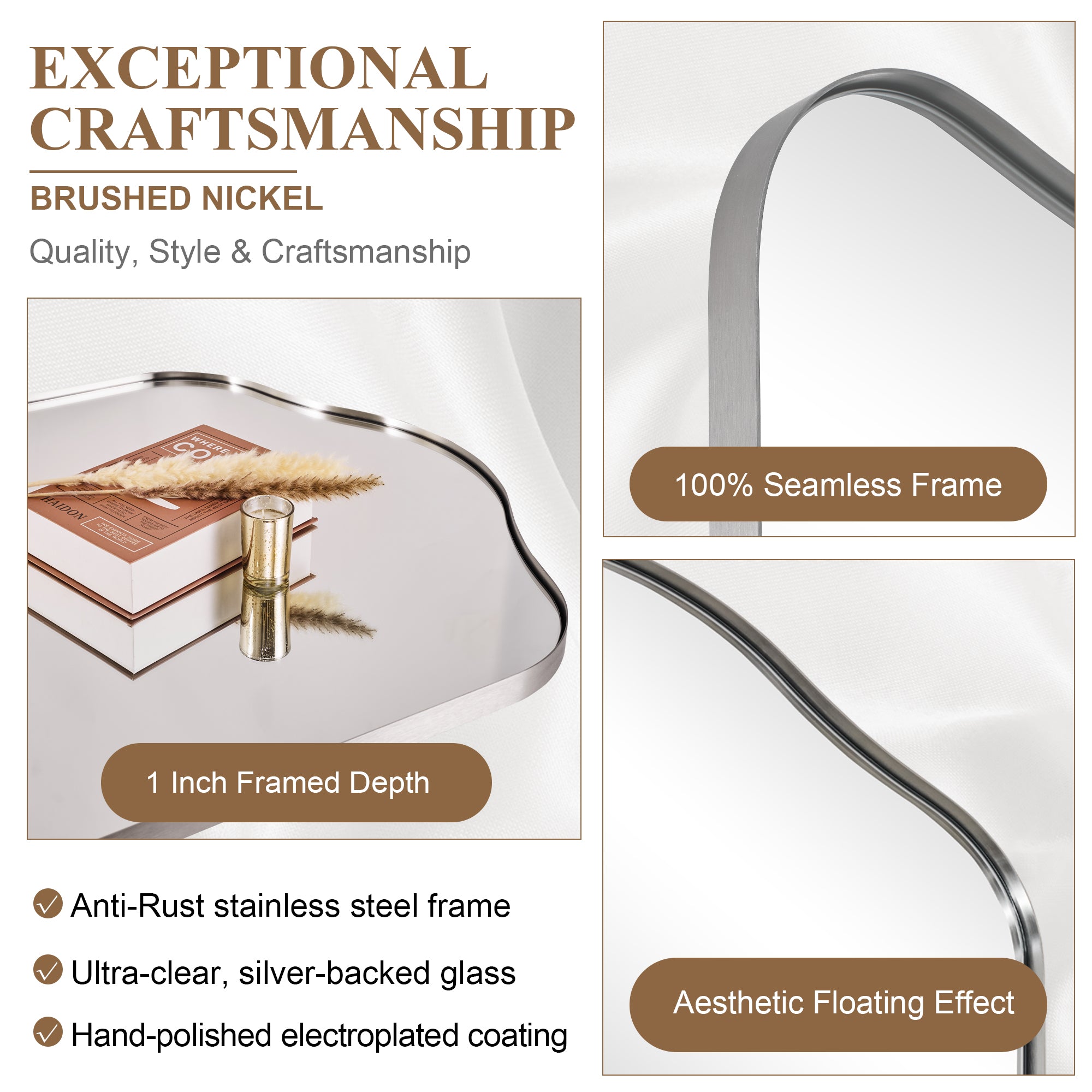 Contemporary Arch Top Curved Arched Bathroom Vanity Mirror | Stainless Steel Frame