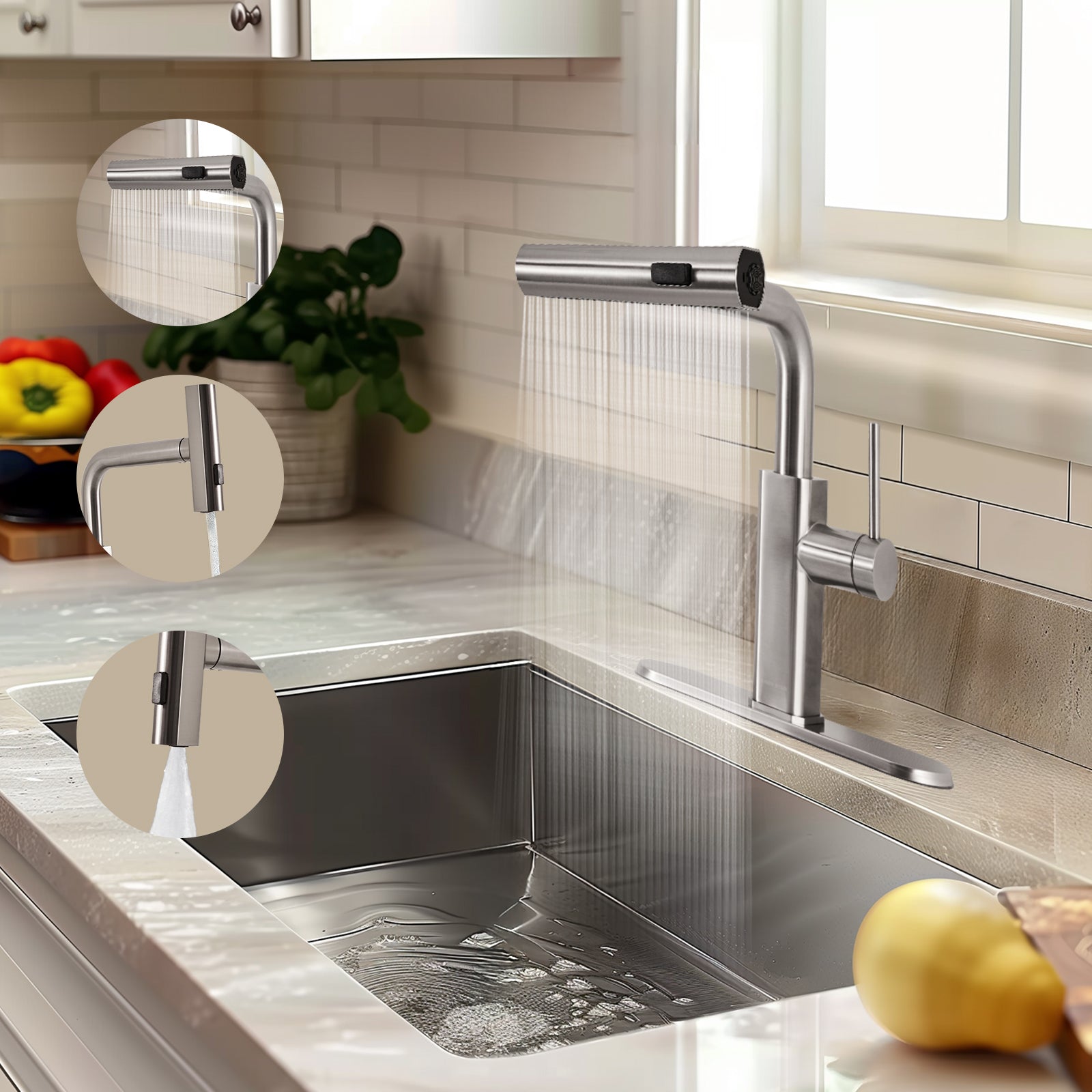 Modern Stainless Steel Single Hole Kitchen Faucet with Pull-Out Sprayer