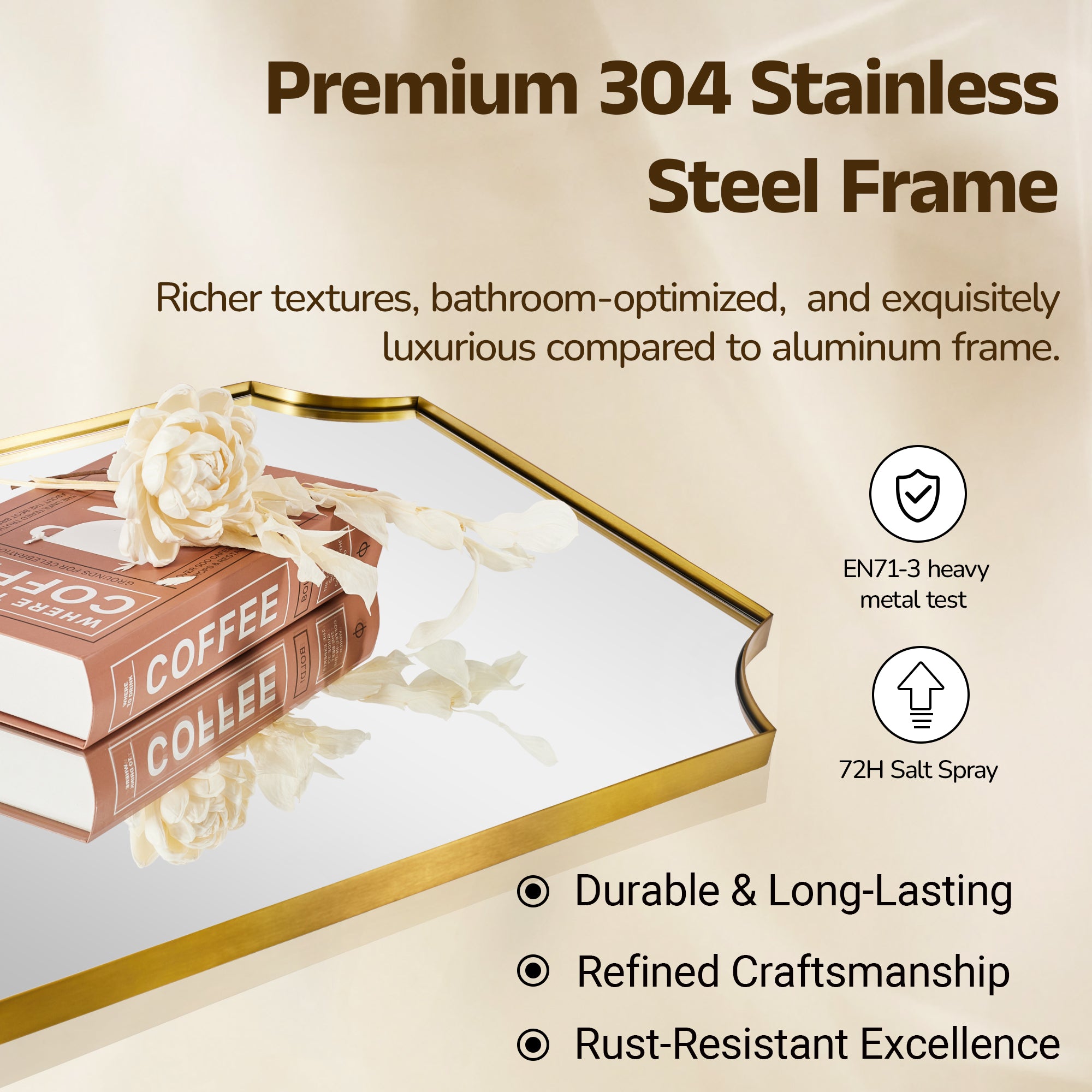 Open Box Like New : Notched Corner Scalloped Rectangle Bathroom Vanity Mirror | Stainless Steel Farme