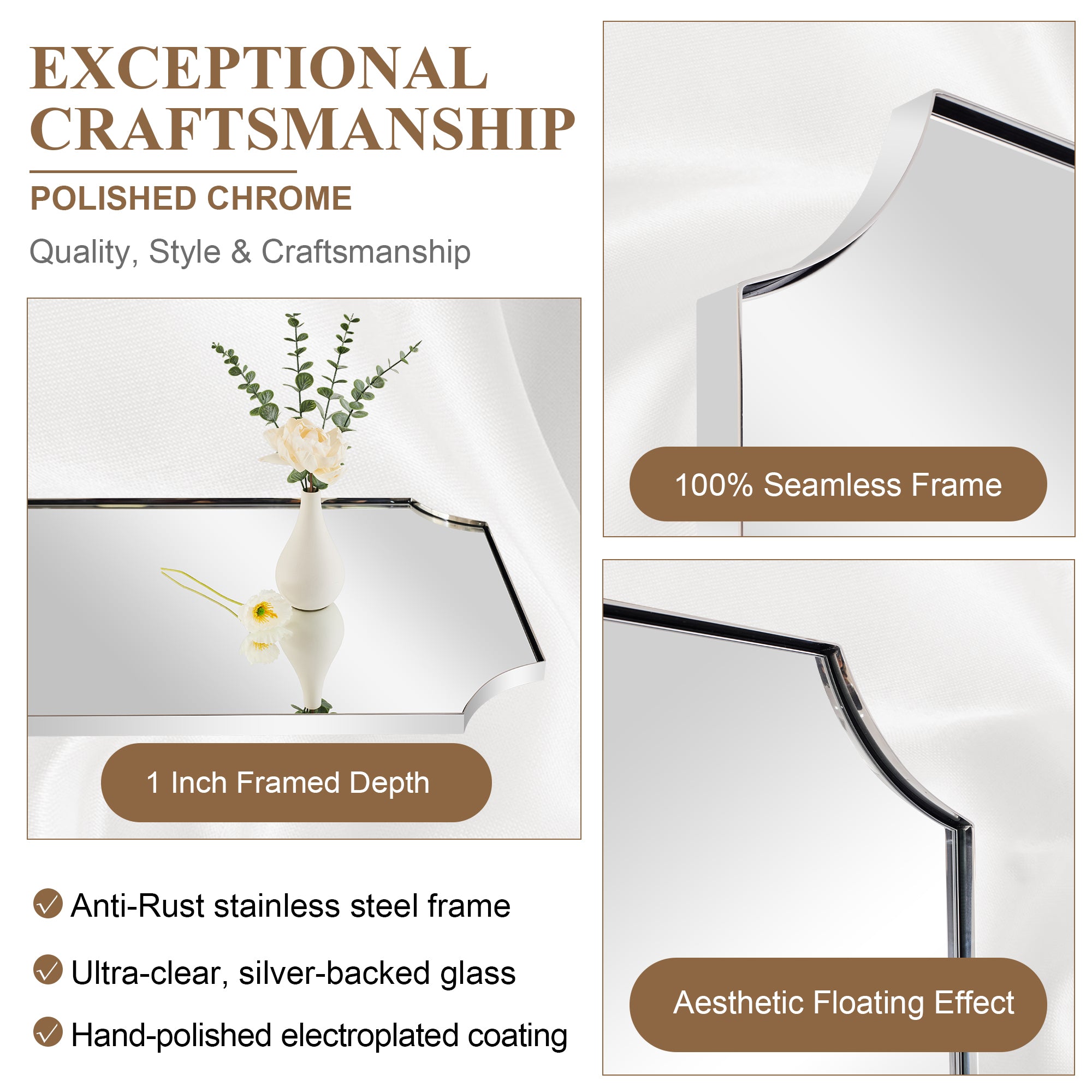 Open Box Like New : Notched Corner Scalloped Rectangle Bathroom Vanity Mirror | Stainless Steel Farme