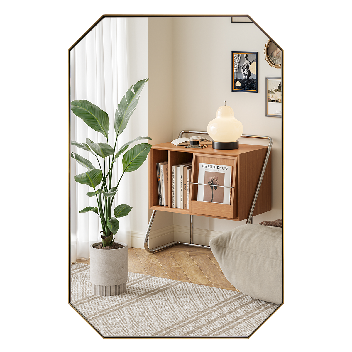 Contemporary Cut Corner Octagonal Scalloped Rectangle Mirror for Bathroom  |Stainless Steel Frame
