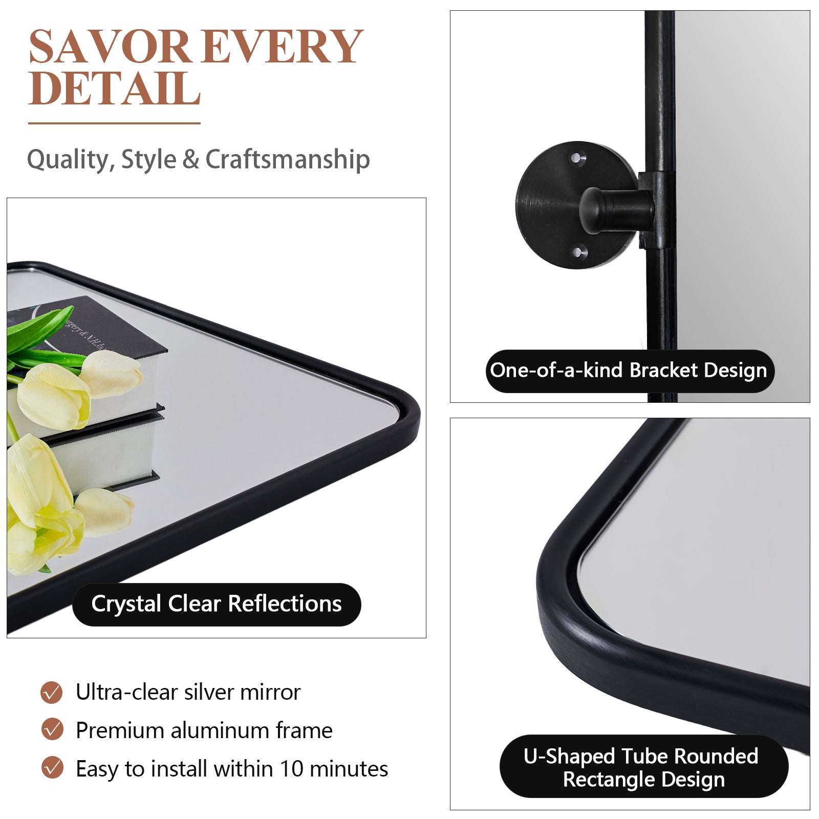 Modern Rectangle Pivot Mirror Adjustable Floating / Tilting Bathroom Mirror