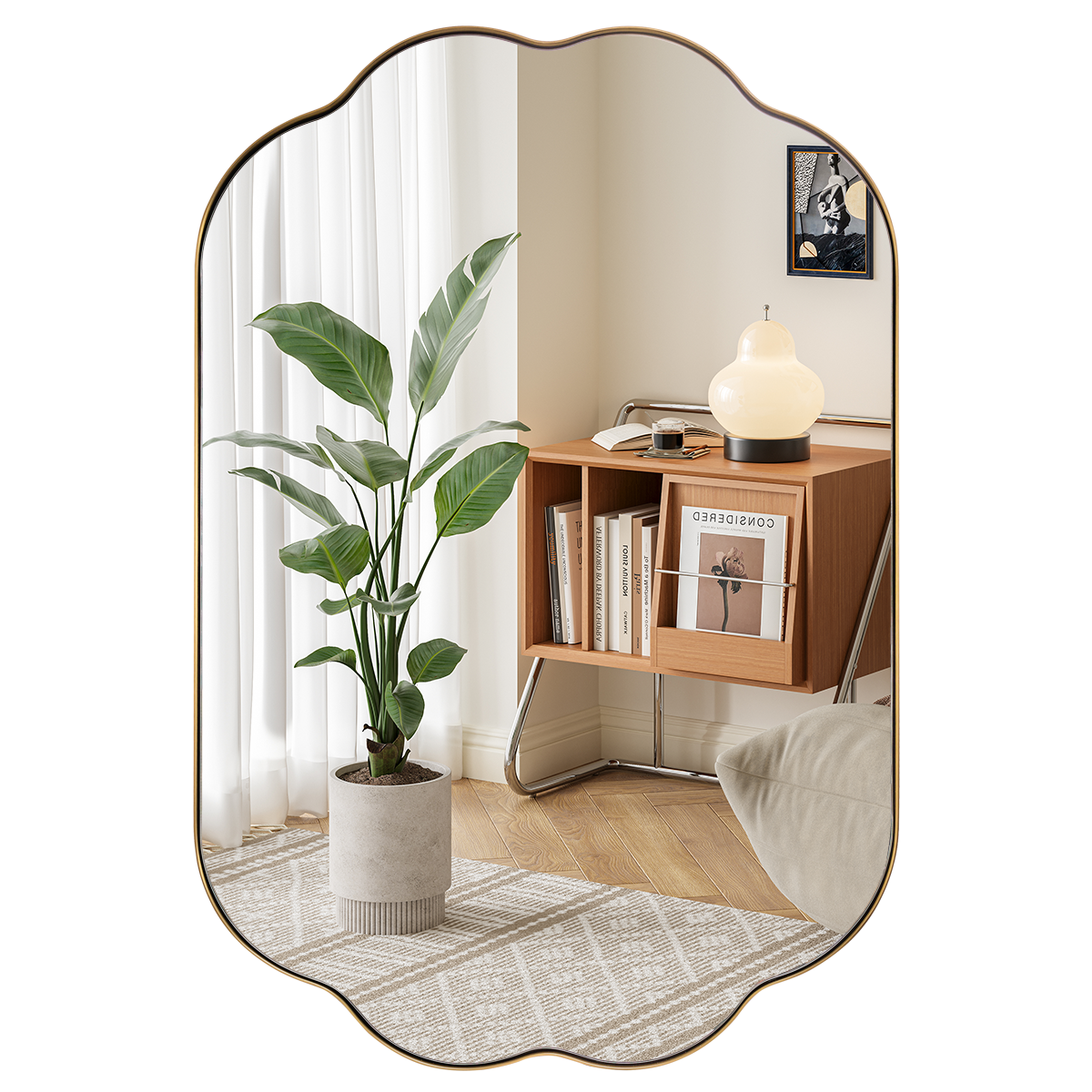 Contemporary Oval Scalloped Bathroom Vanity Wall Mirror| Stainless Steel Framed