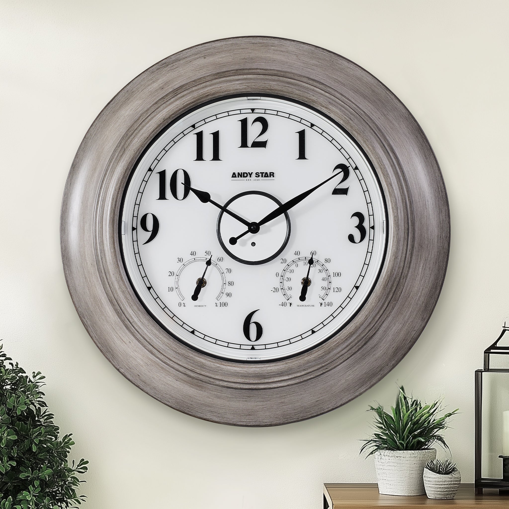 21 inch Oak Illuminated Outdoor Clocks with Thermometer Weatherproof Waterproof
