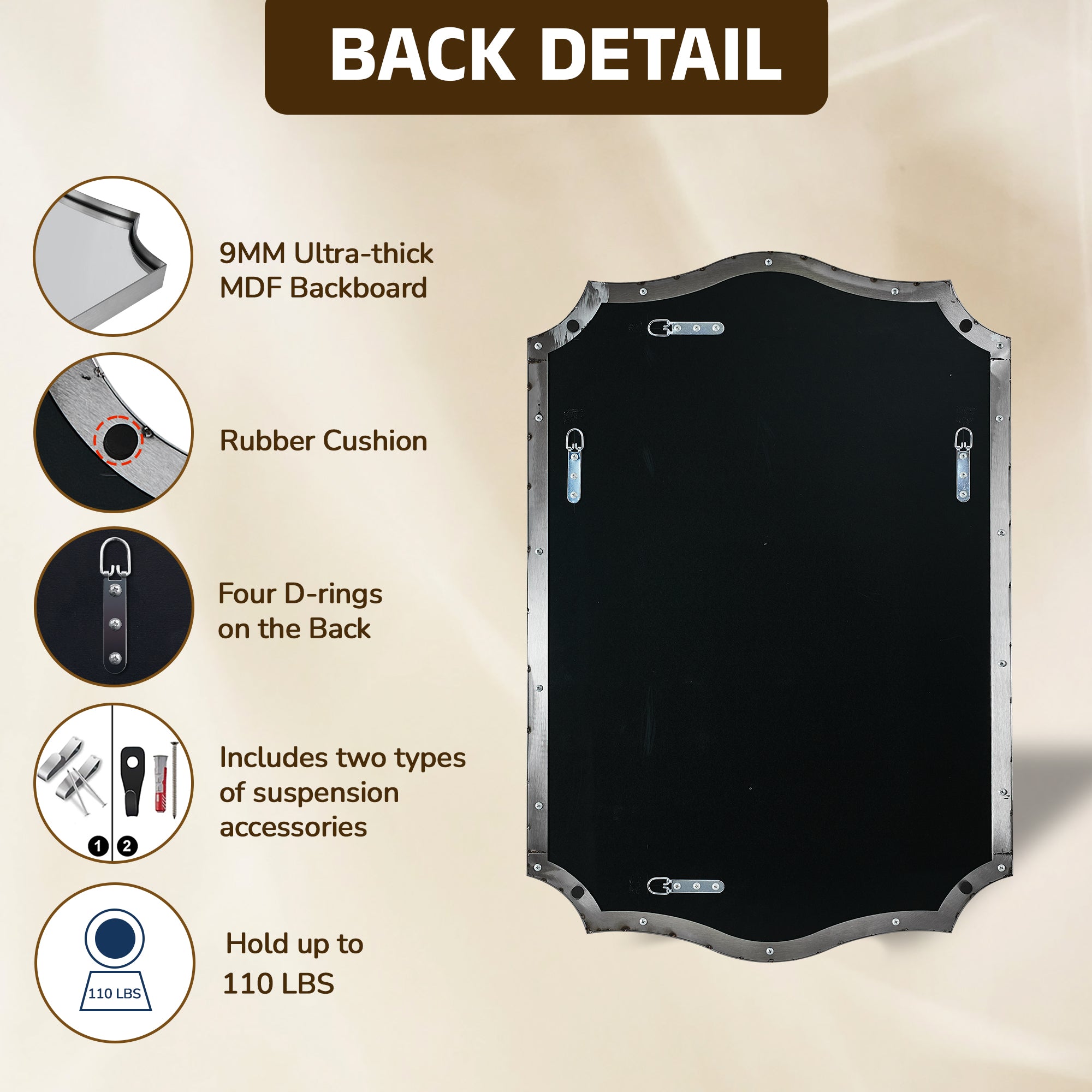 Traditional Rectangle Scalloped Wall Mirror for Bathroom | Stainless Steel Frame