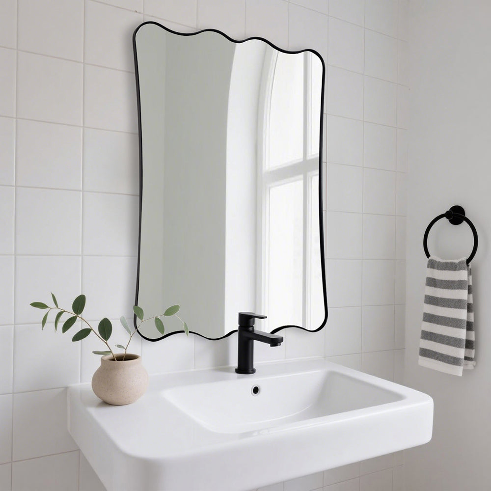 Contemporary Wavy Scalloped Rectangle Mirror Decorative Bathroom Mirror | Stainless Steel Frame