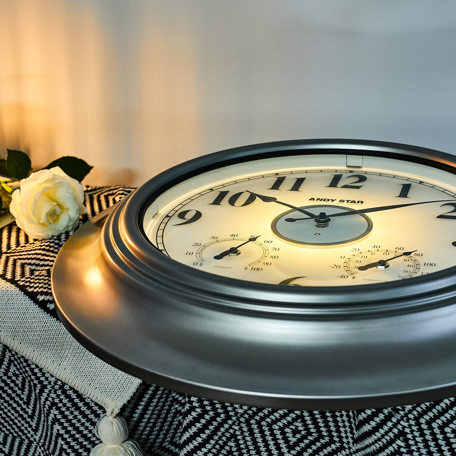 Contemporary Large Outdoor Wall Clock with Thermometer Weatherproof Illuminated ,21 Inch