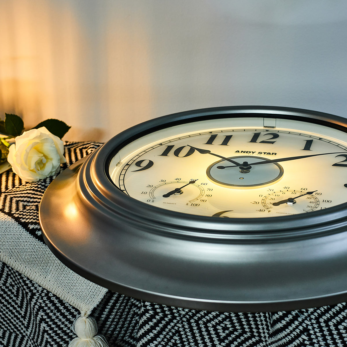 Contemporary Large Outdoor Wall Clock with Thermometer Weatherproof Illuminated ,21 Inch