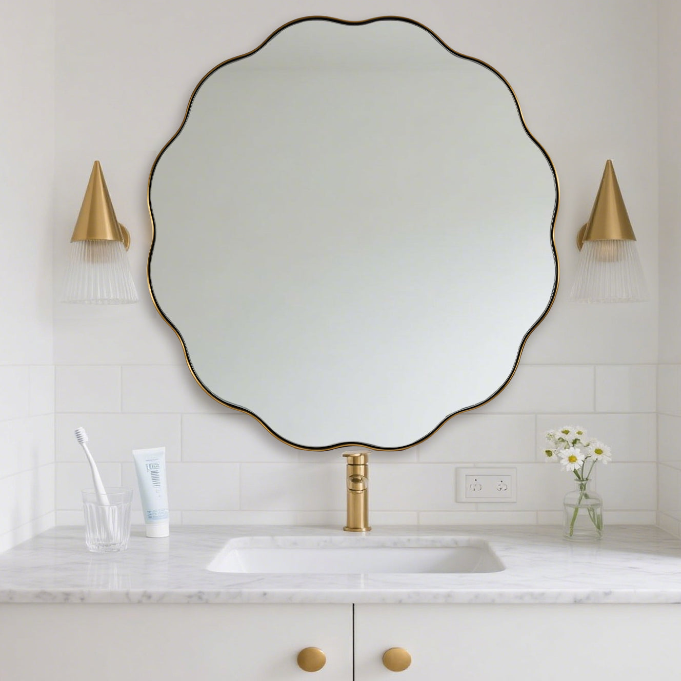 Contemporary Round Scalloped Mirror Wavy Circle Bathroom Vanity Mirror | Stainless Steel Frame