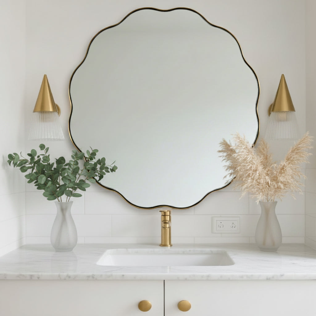 Contemporary Round Scalloped Mirror Wavy Circle Bathroom Vanity Mirror | Stainless Steel Frame
