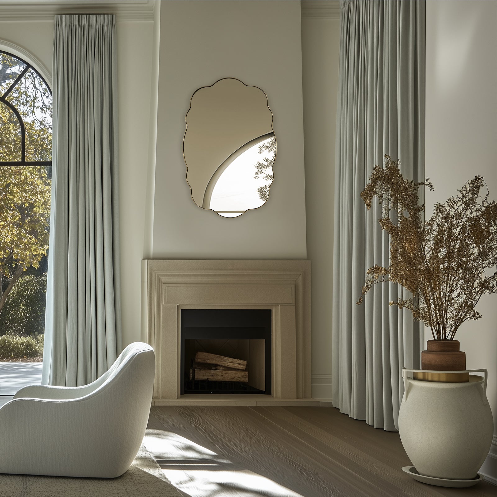 Contemporary Wavy Oval Scalloped Bathroom Vanity Mirror Irregular Decorative Mirror| Stainless Steel Framed