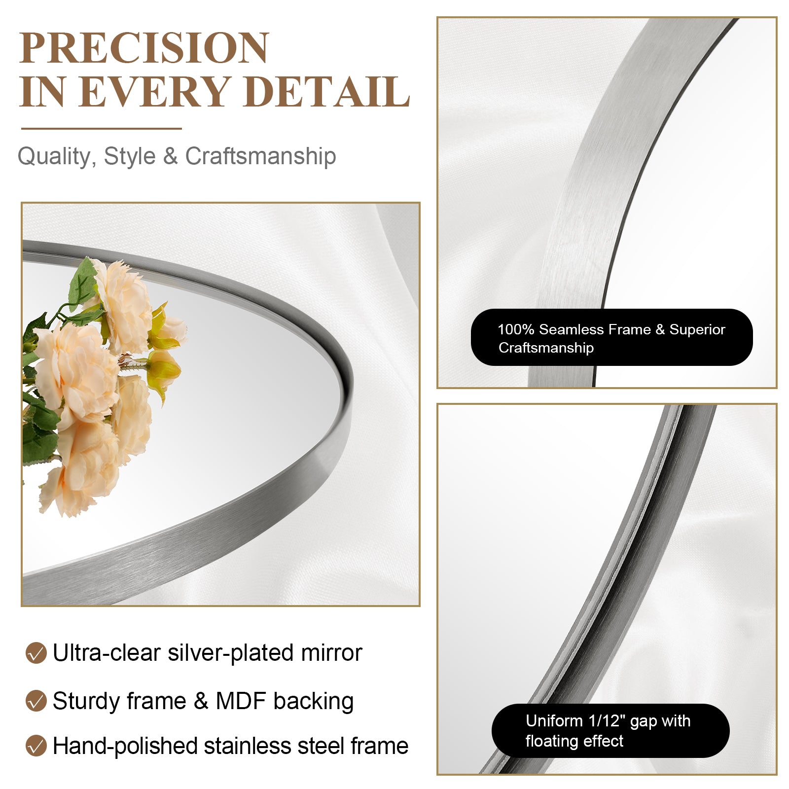 Modern Pill Shaped Capsule Wall Mirrors Long Oval Bathroom Vanity Mirror | Stainless Steel Frame