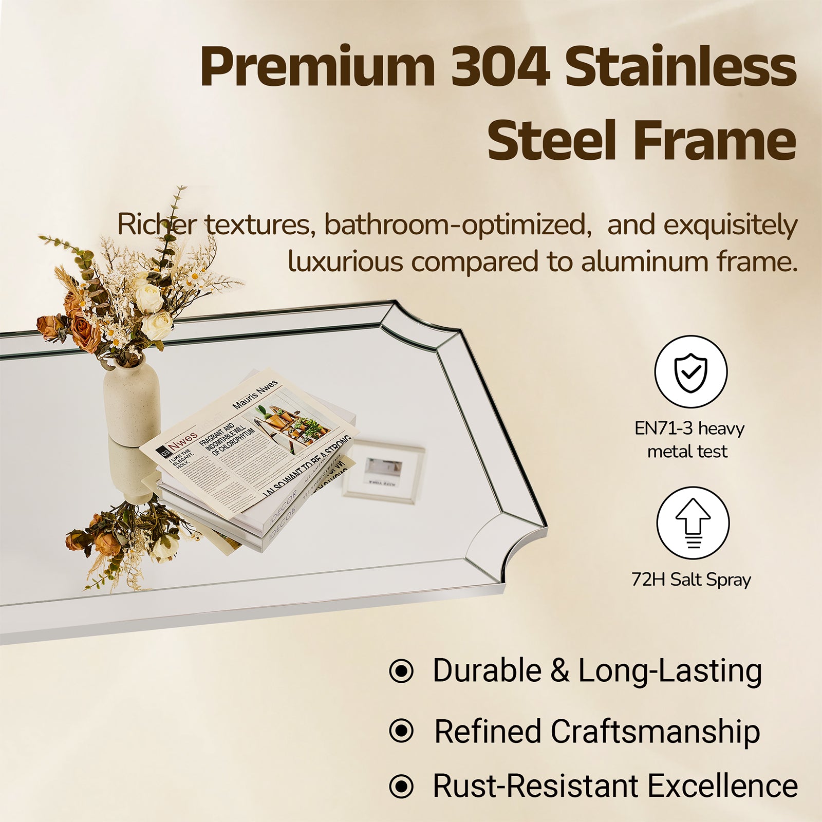 Minuette Glass Tiles Edge Scalloped Bathroom Vanity Mirrors | Stainless Steel Frame