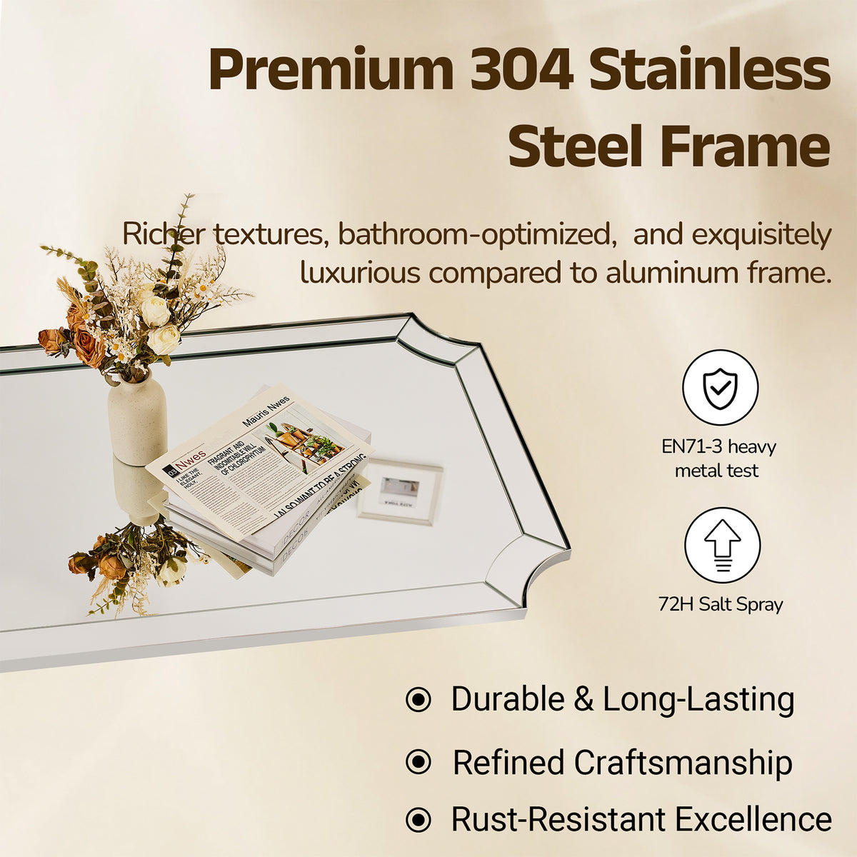 Modern Glass Tiles Edge Cut Corner Scalloped Bathroom Vanity Mirrors | Stainless Steel Frame