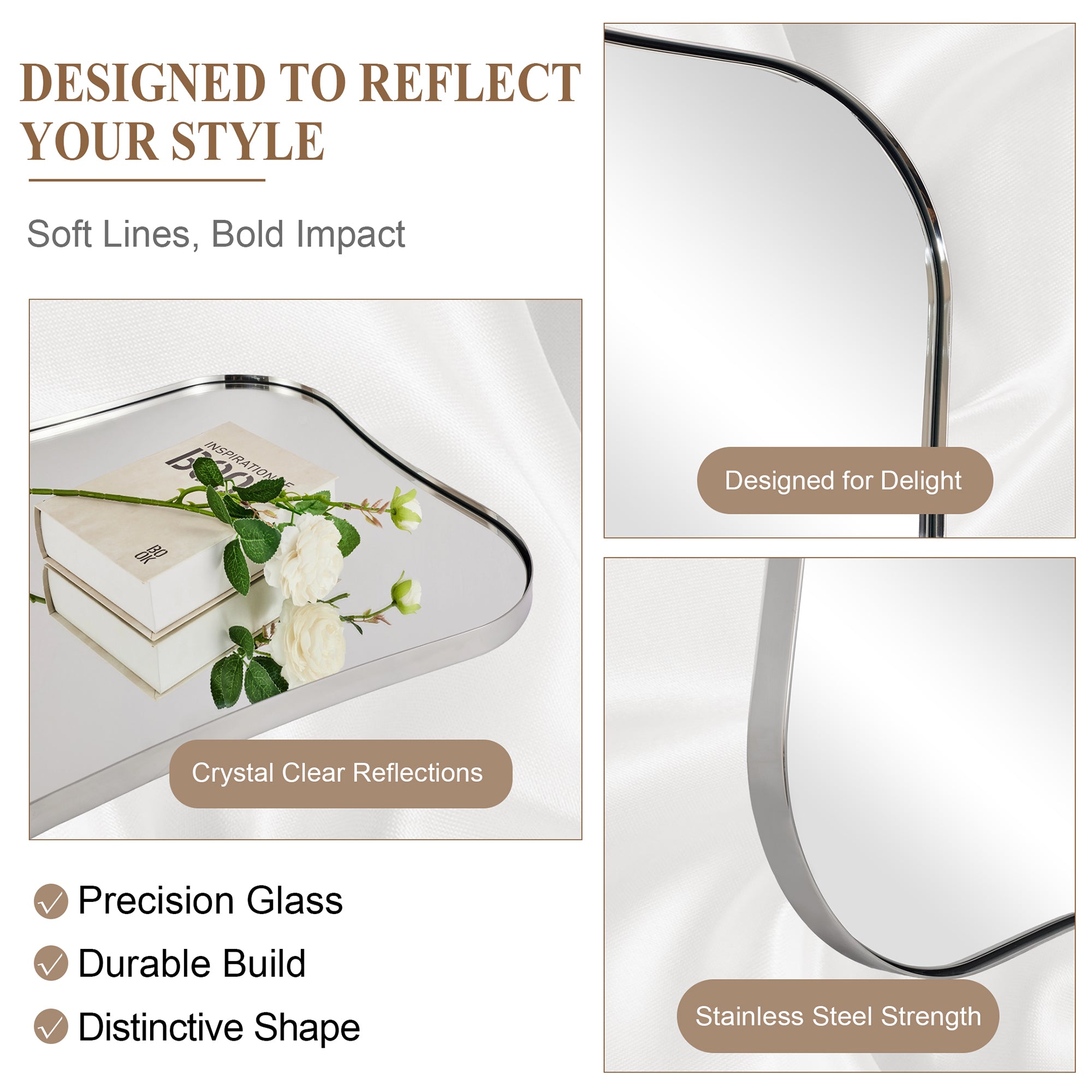 Contemporary Dual Concave Edge Rouded Scalloped Rectangle Wall Mirror | Stainless Steel Frame