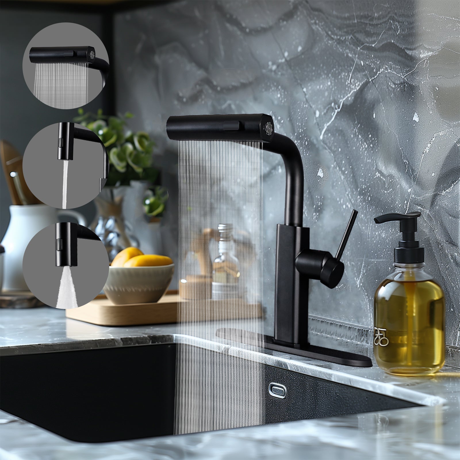 Modern Stainless Steel Single Hole Kitchen Faucet with Pull-Out Sprayer