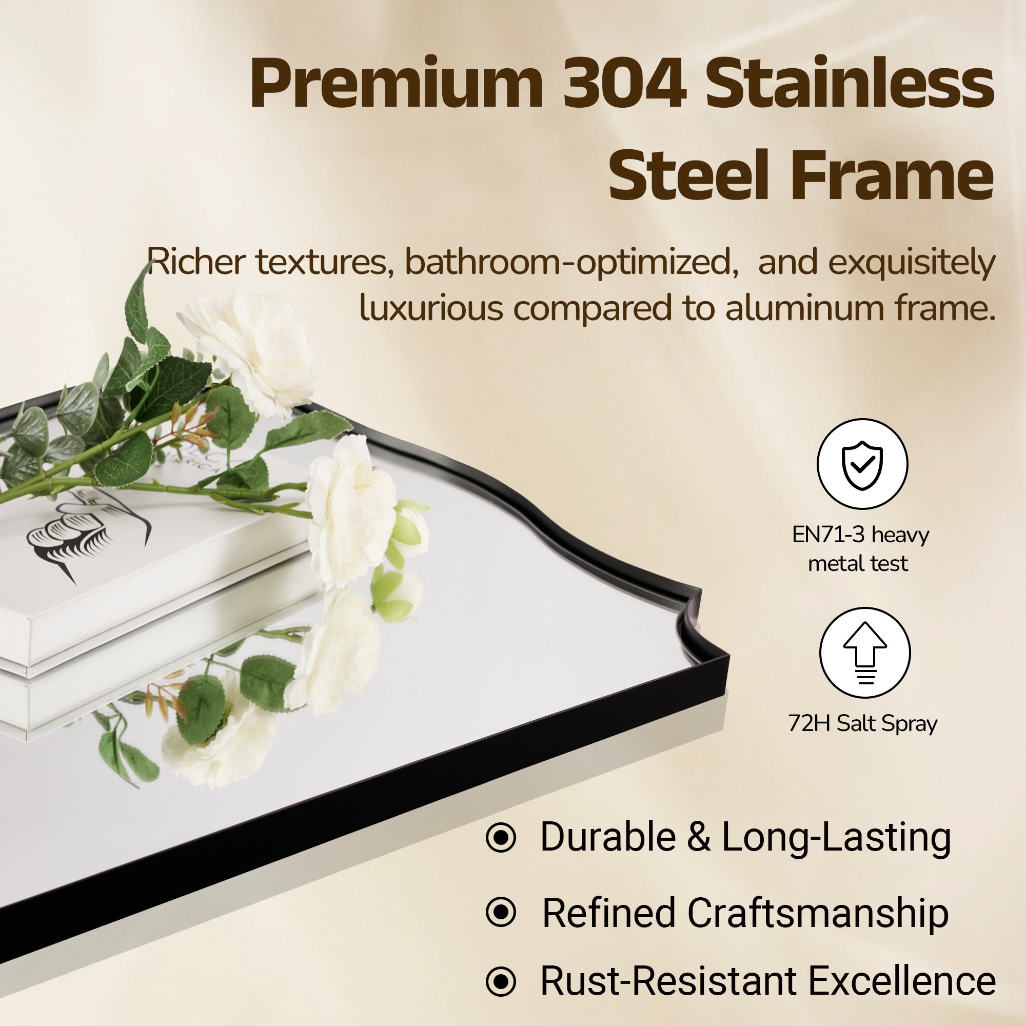 Traditional Rectangle Scalloped Wall Mirror for Bathroom | Stainless Steel Frame