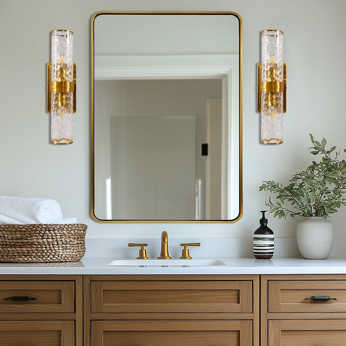 Elegant Hammer Glass Double-Cylinder Shade Wall Sconce Bathroom Light Fixture