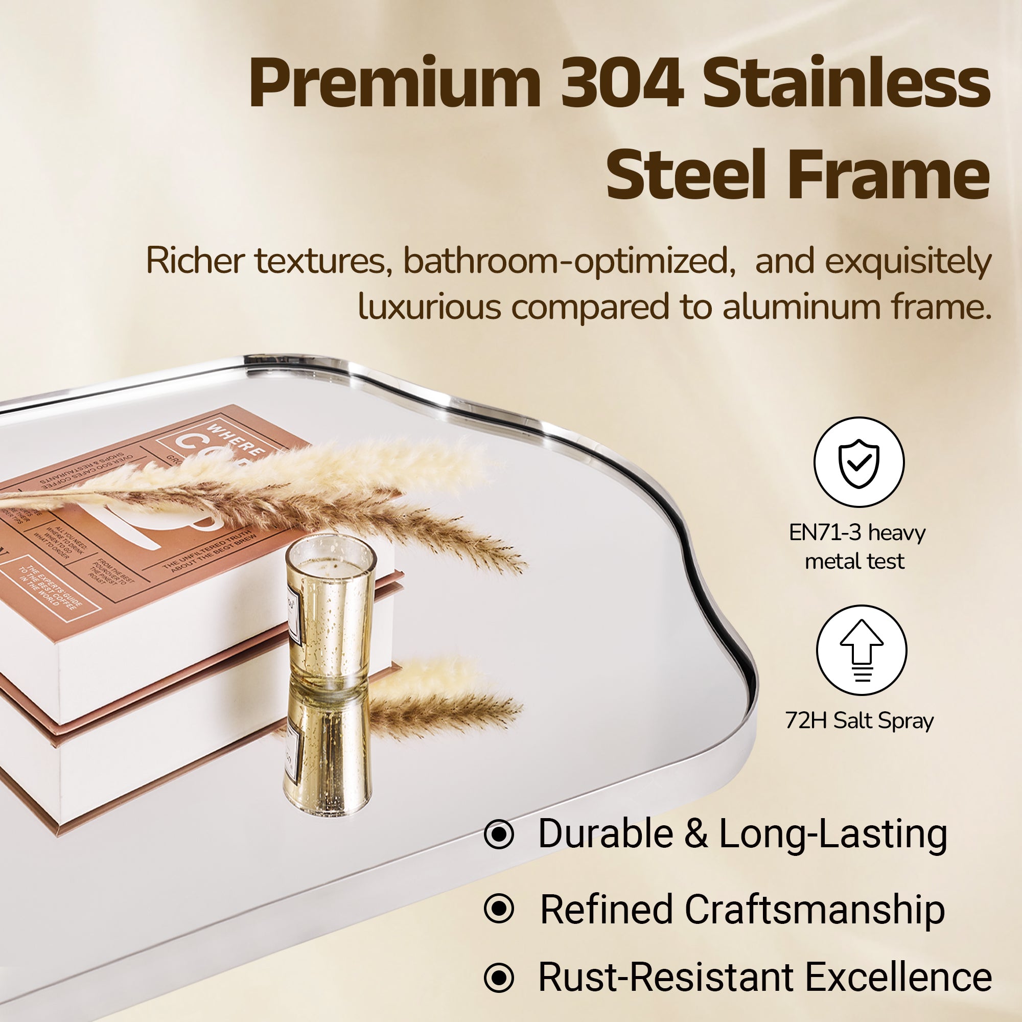 Contemporary Arch Top Curved Arched Bathroom Vanity Mirror | Stainless Steel Frame