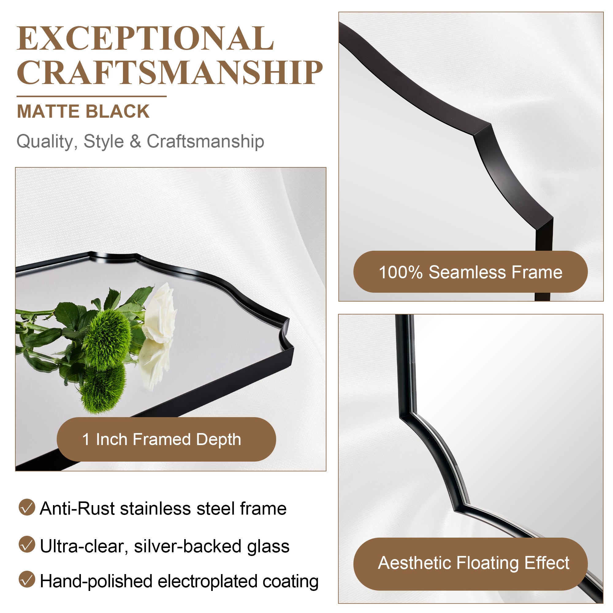 Traditional Rectangle Scalloped Wall Mirror for Bathroom | Stainless Steel Frame