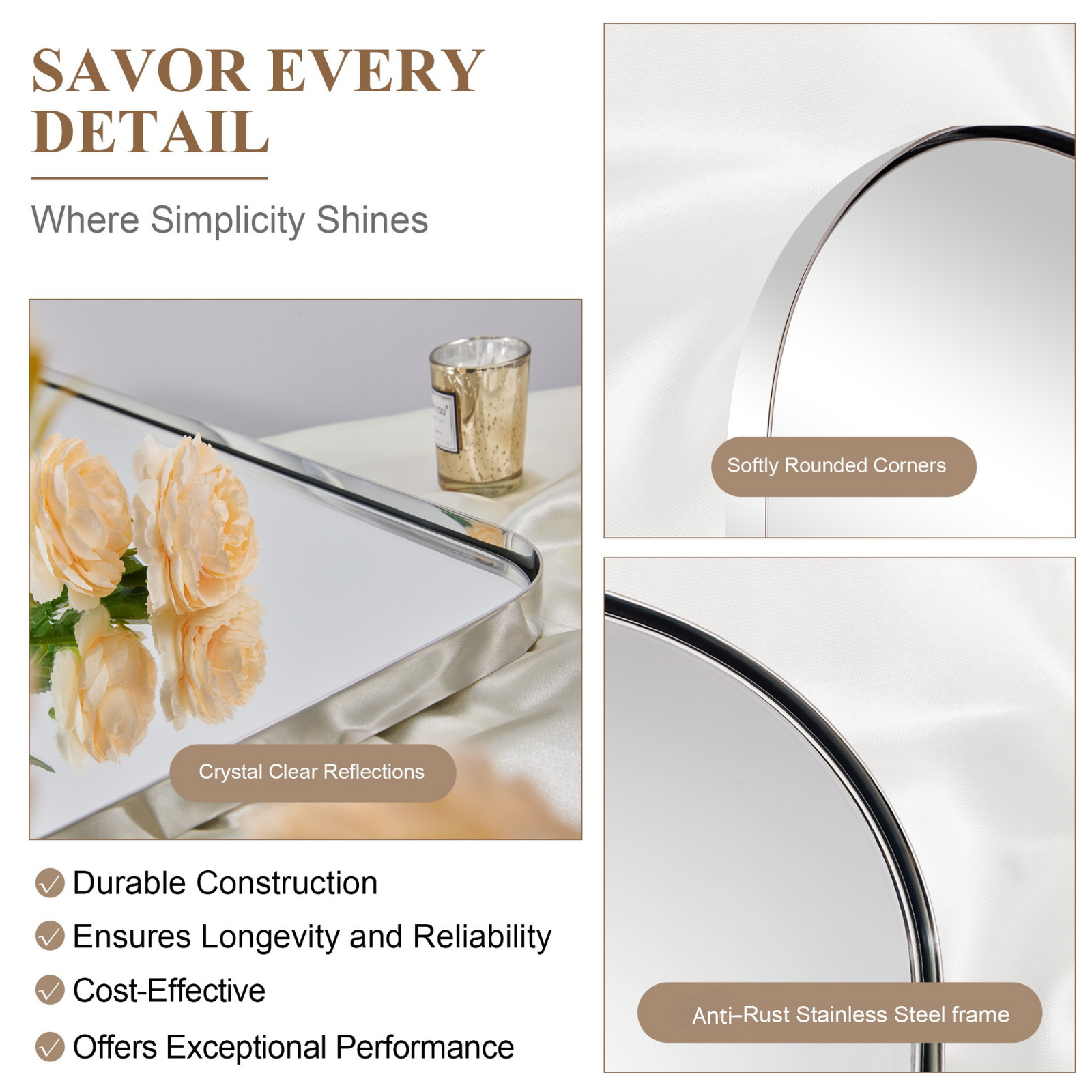 Modern Mantel Wide Arch Rectangle Bathroom Vanity Mirror | Stainless Steel Frame