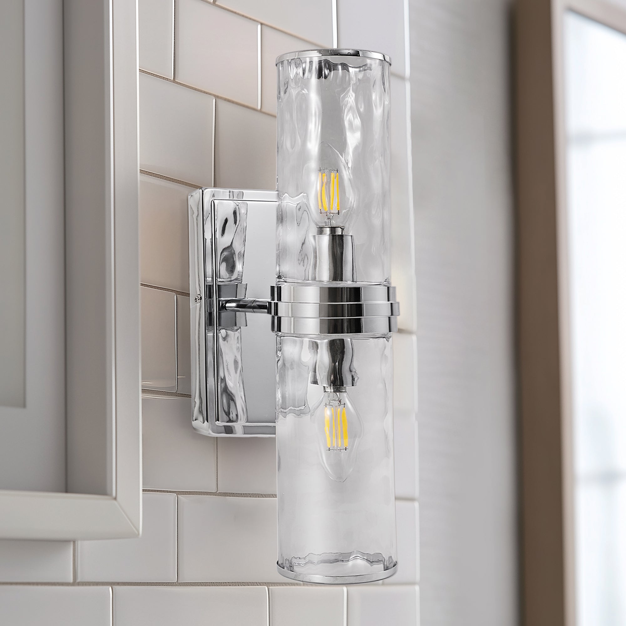 Elegant Hammer Glass Double-Cylinder Shade Wall Sconce Bathroom Light Fixture