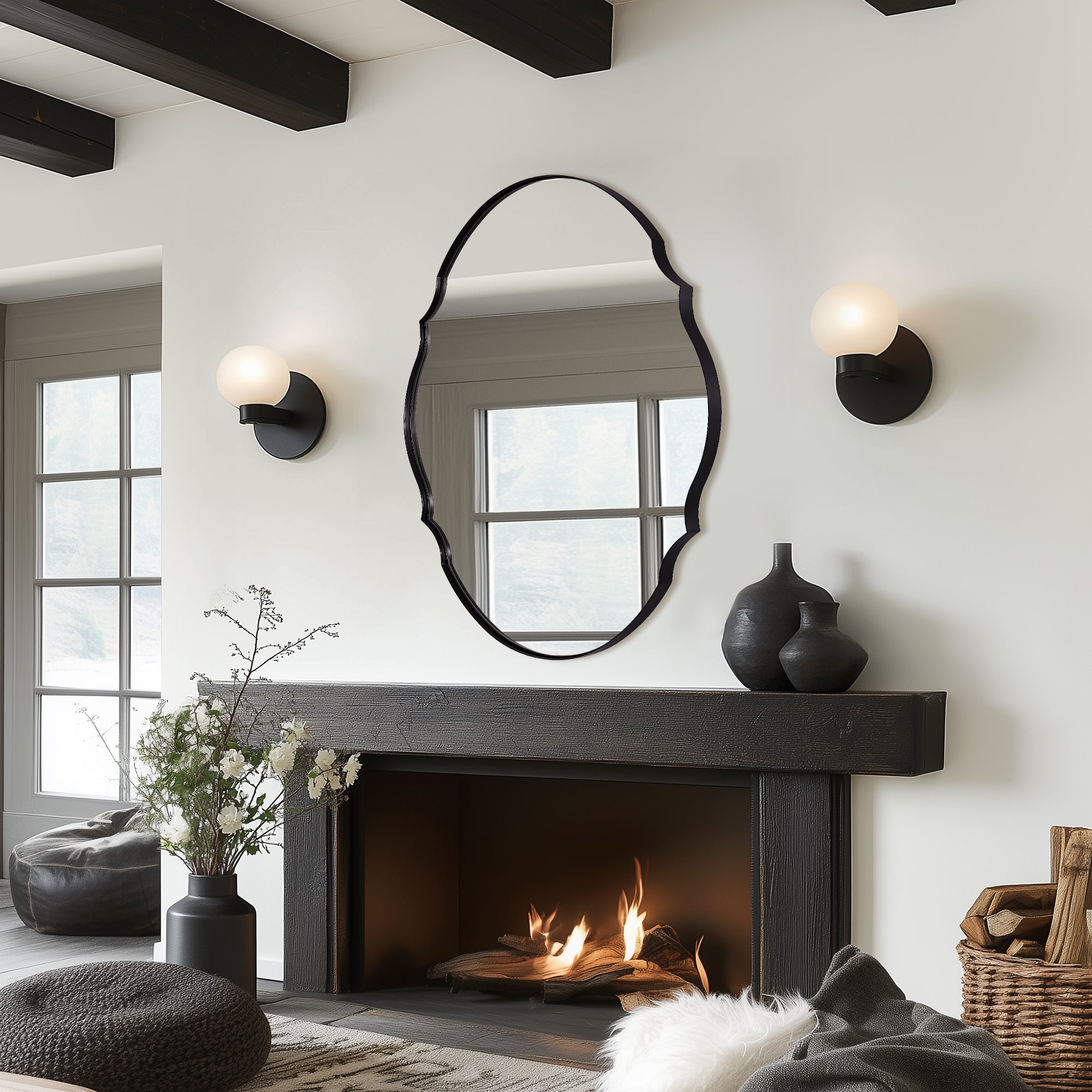 Contemporary Oval Scalloped Wall Mirror Irregular Bathroom Vanity Mirror| Stainless Steel Frame