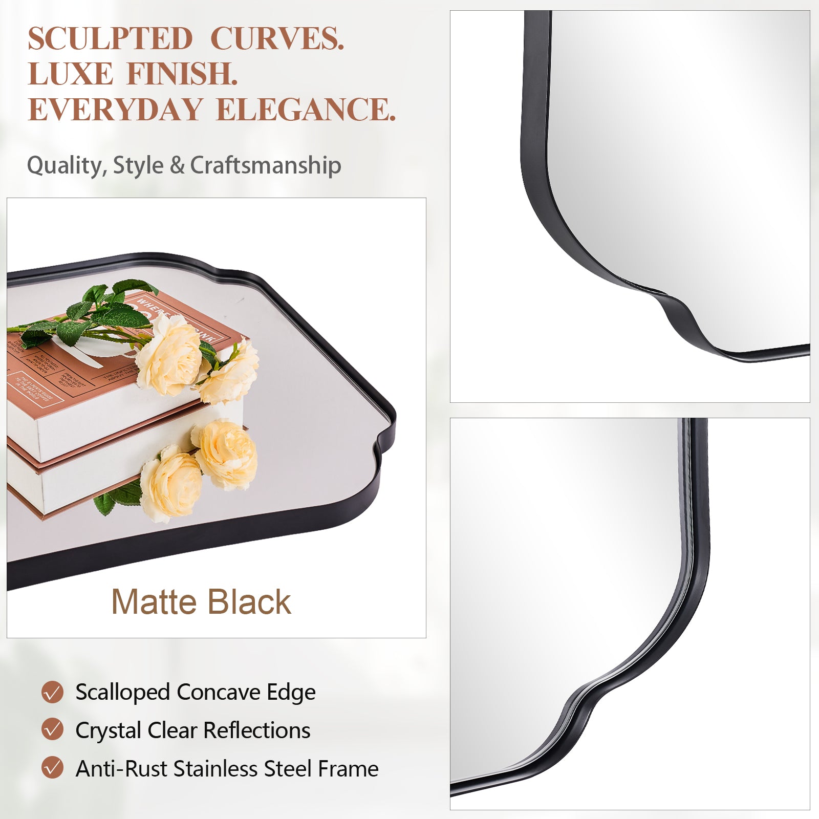 Contemporary Concave Edge Scalloped Bathroom Mirror Decorative | Stainless Steel Frame