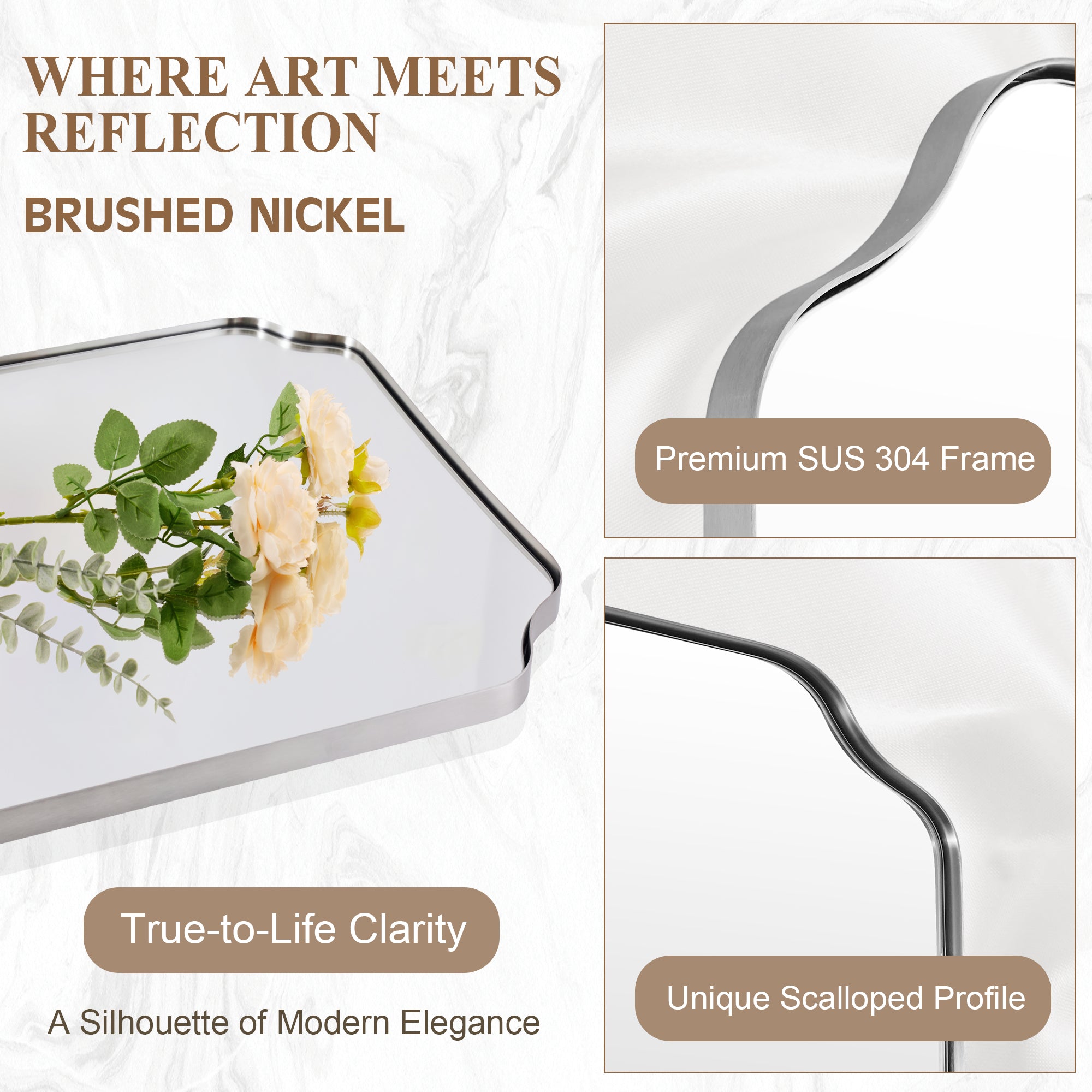 Modern Top Notched Corner Scalloped Bathroom Rectangle Vanity Wall Mirror | Stainless Steel Frame