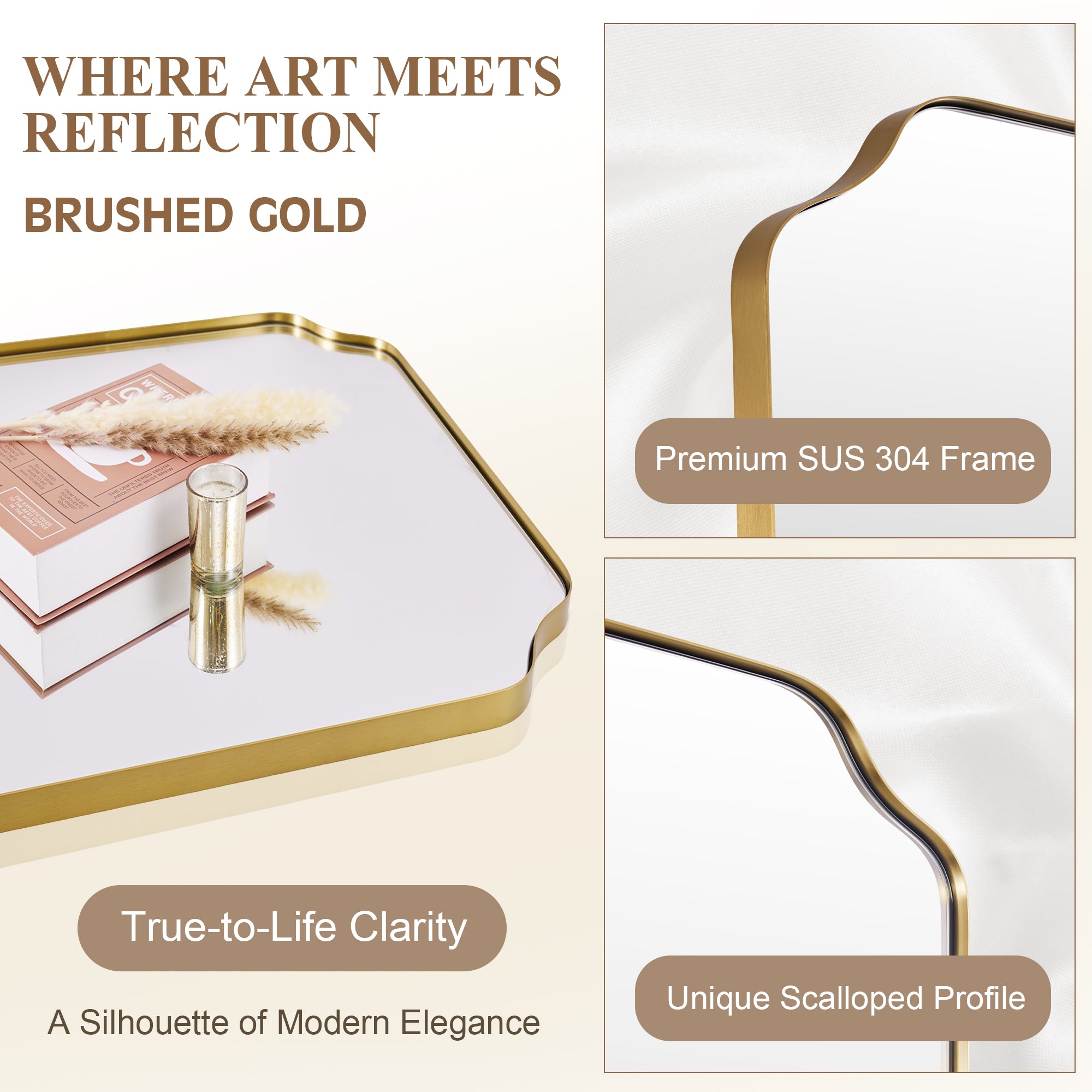 Modern Top Notched Corner Scalloped Bathroom Rectangle Vanity Wall Mirror | Stainless Steel Frame