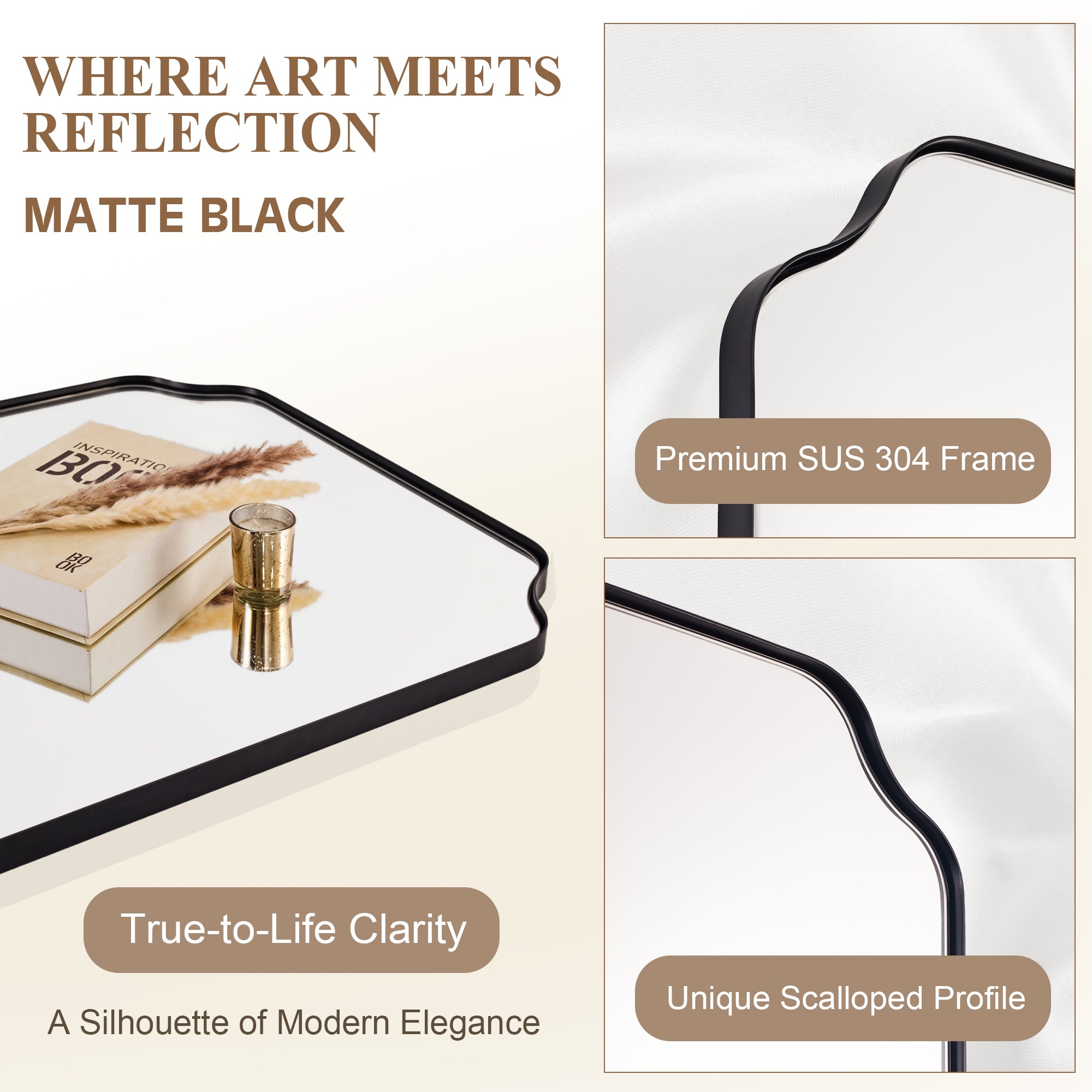 Modern Top Notched Corner Scalloped Bathroom Rectangle Vanity Wall Mirror | Stainless Steel Frame