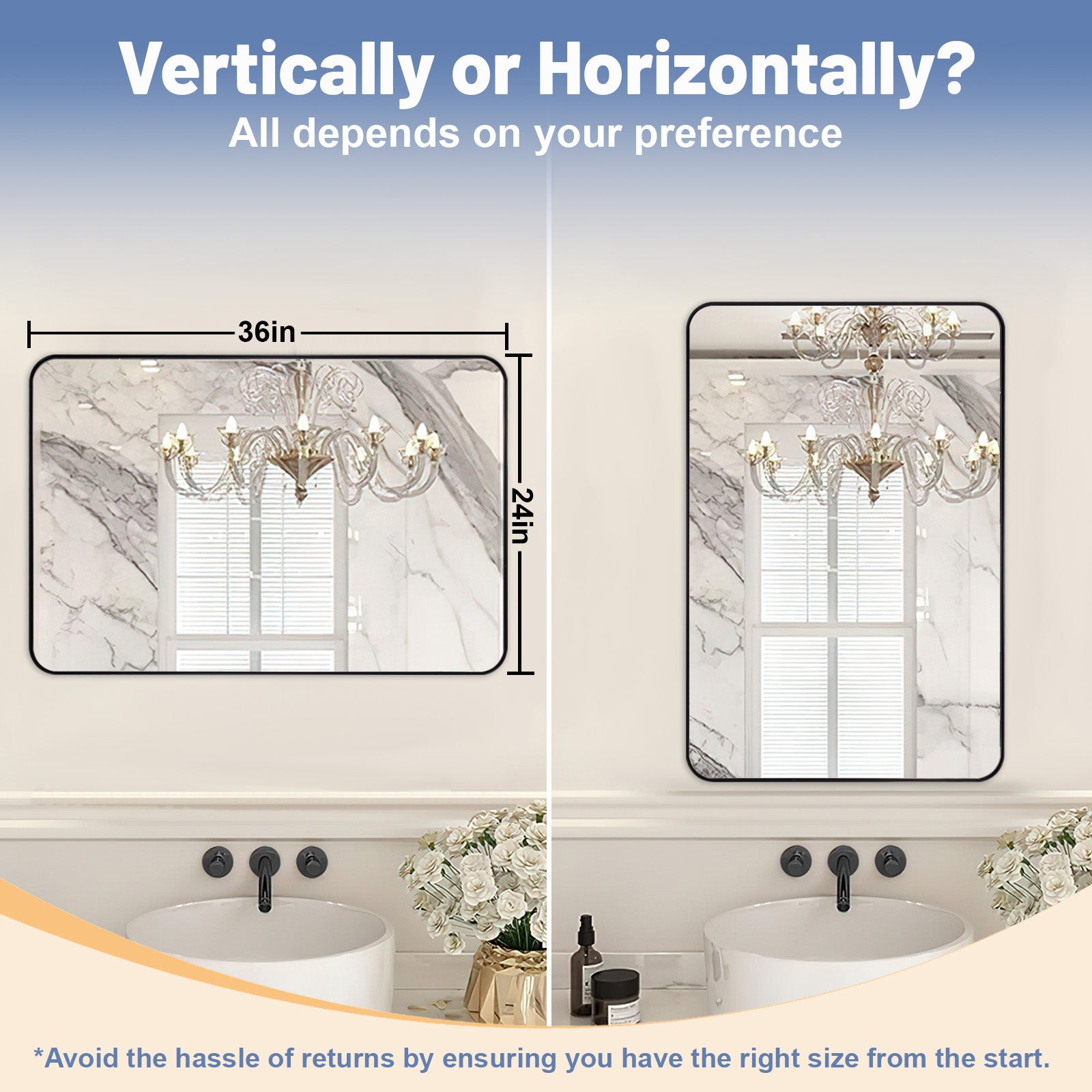 Modern Rounded Rectangular Bathroom Wall Mirrors with Aluminum Frame