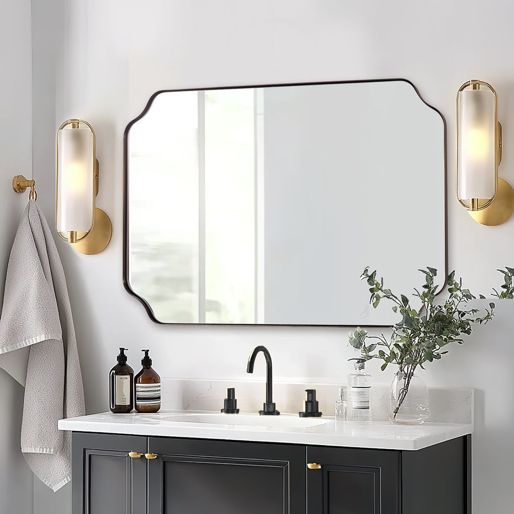 Contemporary Rounded Notched Corner Irregular Scalloped Mirror for Wall /Bathroom | Stainless Steel Frame