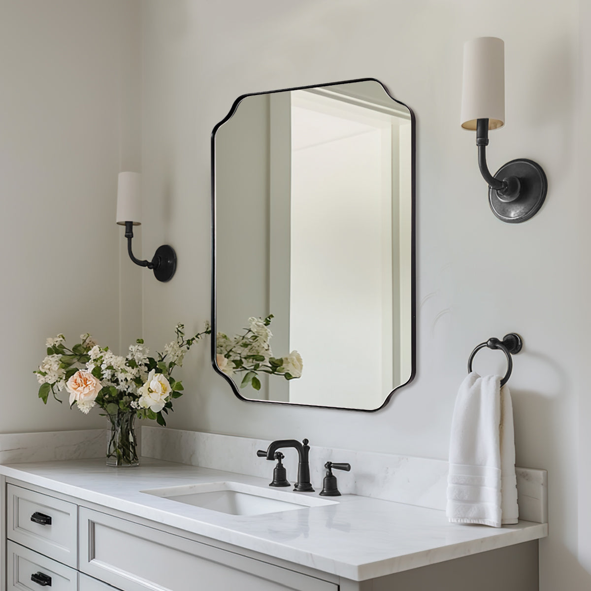 Contemporary Rounded Notched Corner Irregular Scalloped Mirror for Wall /Bathroom | Stainless Steel Frame