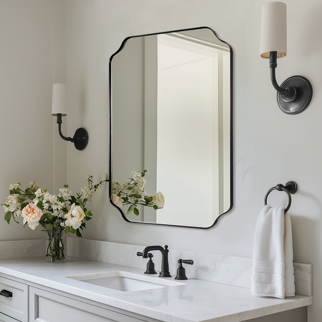 Contemporary Notched Corner Rectangle Scalloped Mirror for Wall /Bathroom | Stainless Steel Frame